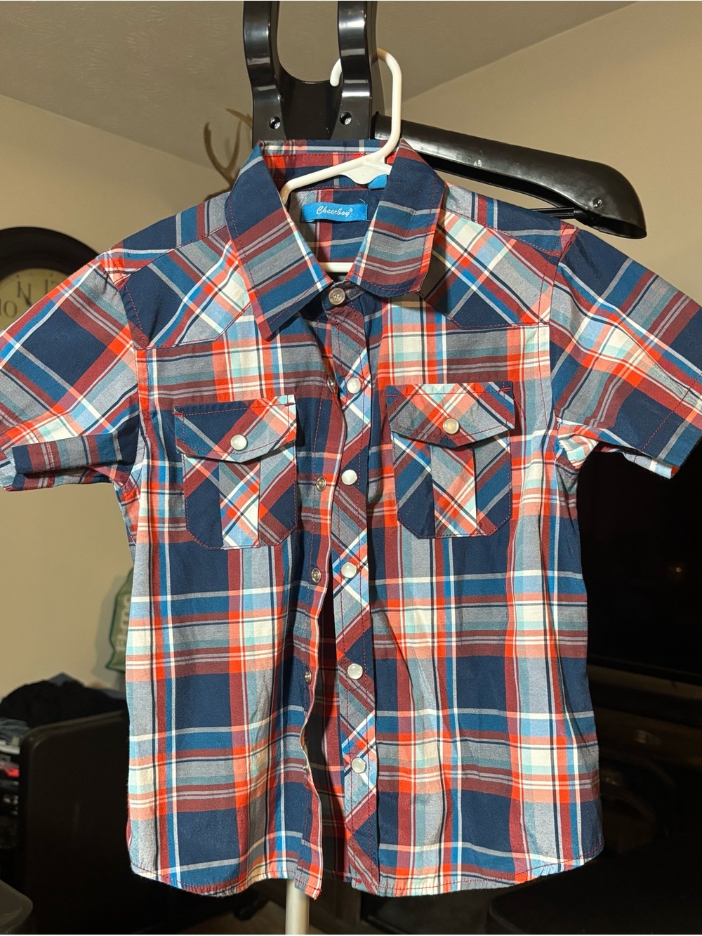 Unisex Kids Blue & Red Plaid Short-Sleeve Button-Down Shirt